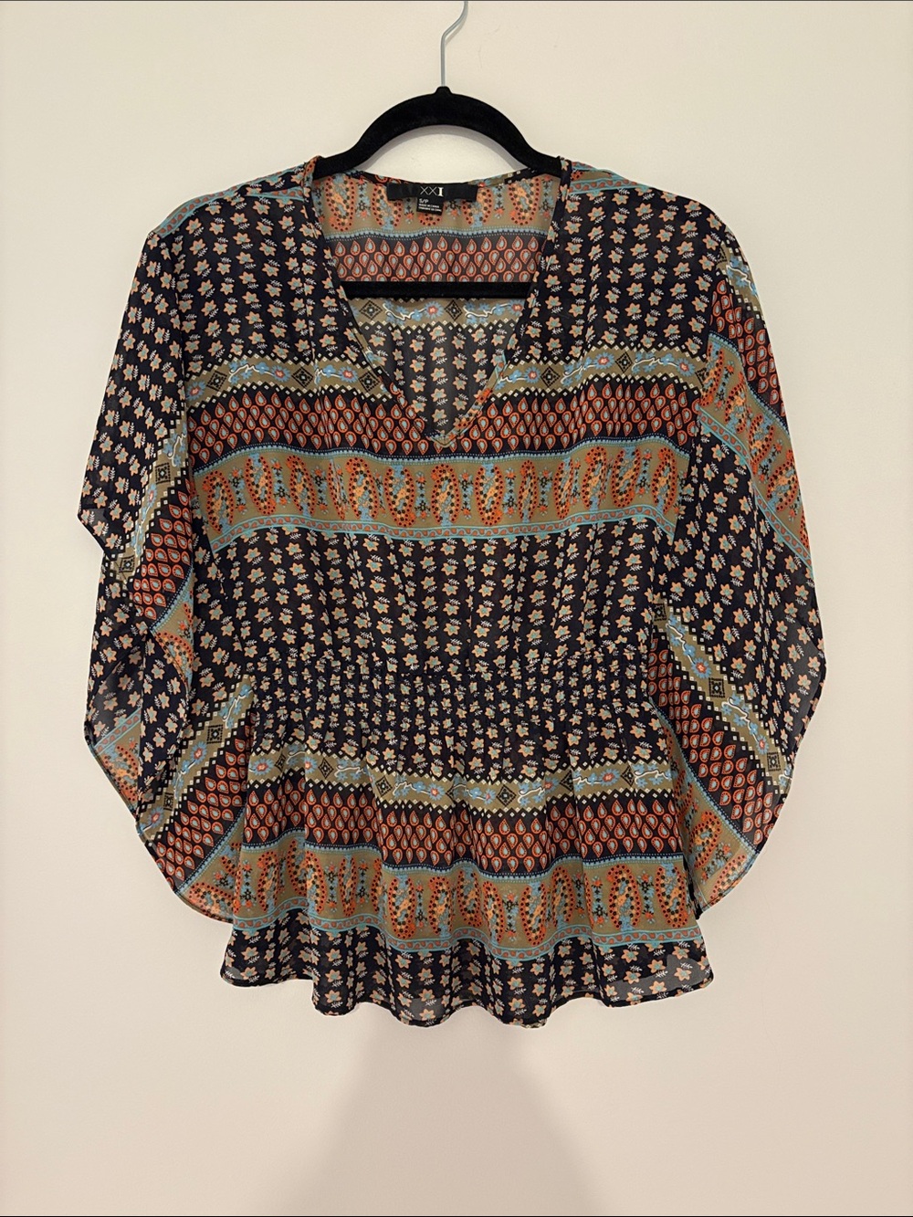 Forever 21 Patterned Peasant Blouse in Black and Teal